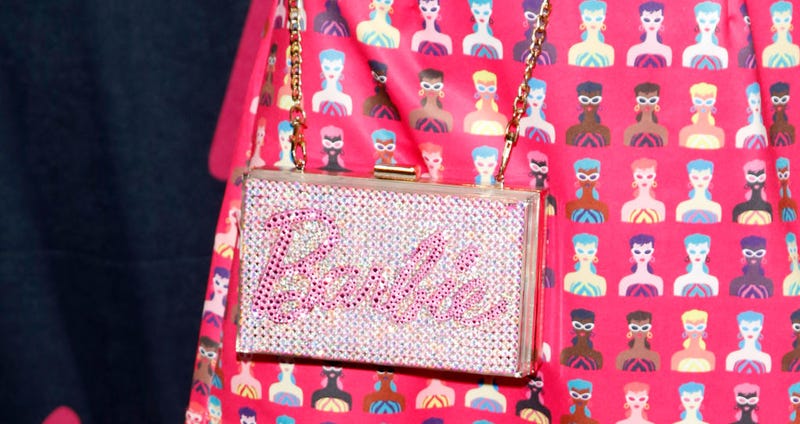 Azusa "Azusa Barbie" Sakamoto, purse detail, attends the Barbie: A Cultural Icon Exhibition media and VIP event at The Shops at Crystals on November 11, 2021 in Las Vegas, Nevada.