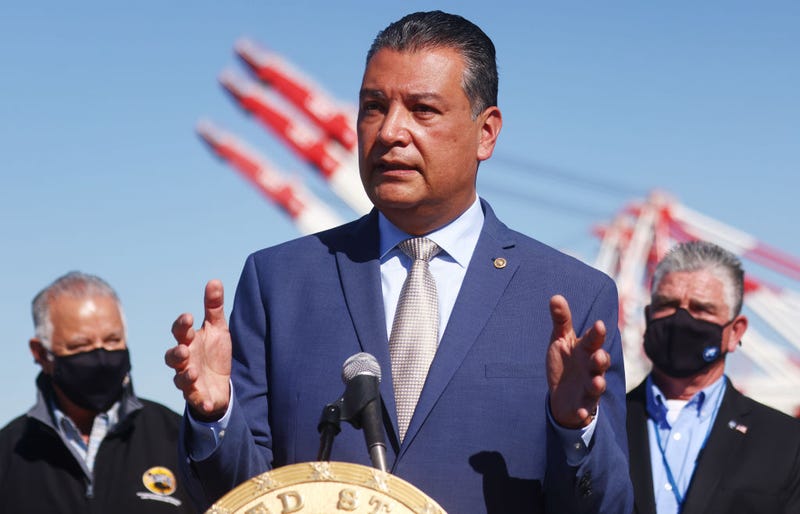 Sen. Alex Padilla (D-CA) speaks at a press conference at the Port of Long Beach on November 12, 2021 in Long Beach, California. 