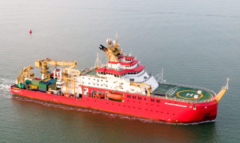 In an aerial view, the RRS Sir David Attenborough arrives to refuel on November 17, 2021 in Portsmouth, England. The RRS Sir David Attenborough arrives in Portsmouth to take on fuel prior to departing the UK for its maiden voyage to Antarctica. The state-of-the-art research vessel will transfer station teams, food, cargo and fuel to British Antarctic Survey's five research stations as well as transporting essential science equipment for studies on unstable glaciers before returning to the UK in June 2022.