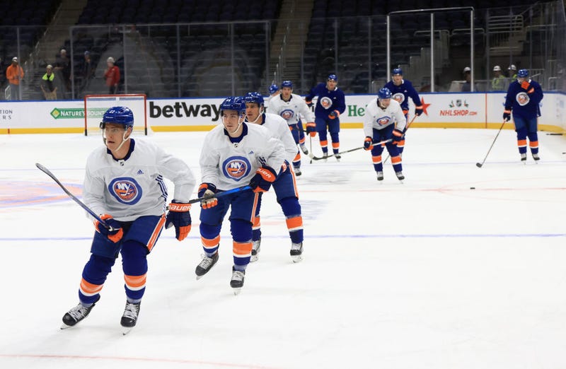 Anders Lee #27 of the New York Islanders leads the team in practice for the first time at their new $1.1 billion dollar rink which will debut Saturday night at UBS Arena on November 18, 2021 in Elmont, New York. 