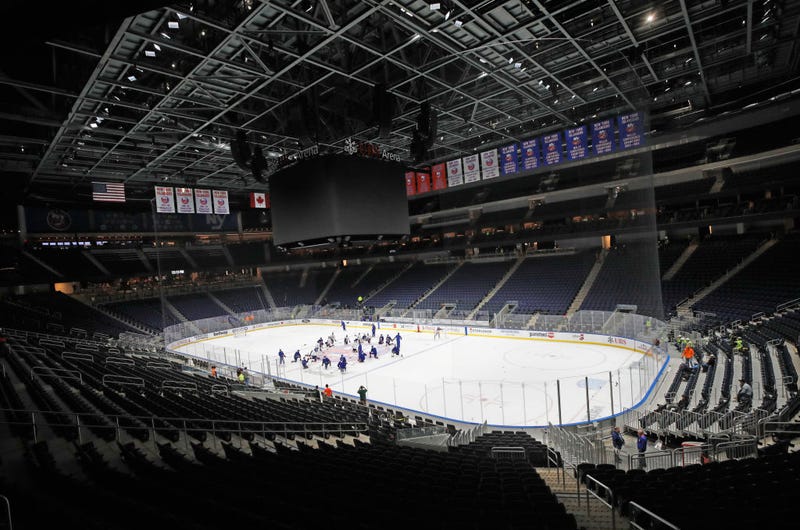 The New York Islanders hockey team practices for the first time at their new $1.1 billion dollar rink which will debut Saturday night at UBS Arena on November 18, 2021 in Elmont, New York. 