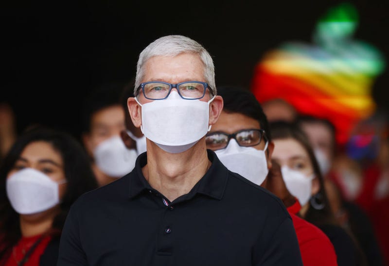 Apple CEO Tim Cook attends the grand opening of the new Apple store at The Grove on November 19, 2021 in Los Angeles, California. The original Apple store in The Grove was opened in 2002 but was redesigned in a new location with twice the space and opened today in time for the holiday shopping season. (Photo by Mario Tama/Getty Images)