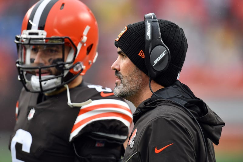 CLEVELAND, OHIO - NOVEMBER 21: Baker Mayfield #6 and head coach Kevin Stefanski of the Cleveland Browns look on from the side line during the game against the Detroit Lions at FirstEnergy Stadium on November 21, 2021 in Cleveland, Ohio