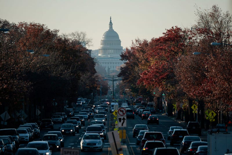 the U.S. Capitol dome is seen as traffic fills North Capitol Street on November 23, 2021 in Washington, DC.