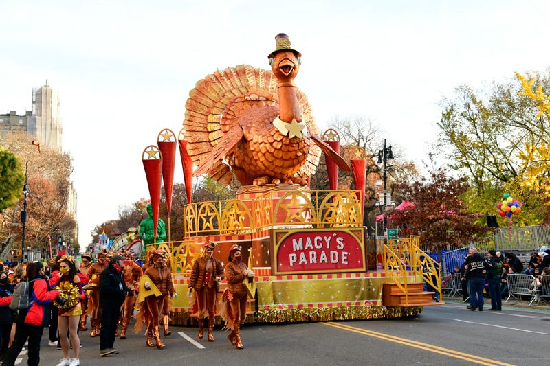 Tom Turkey float is seen as Macy's Parade on Thanksgiving Day is about to start on November 25, 2021 in New York City.