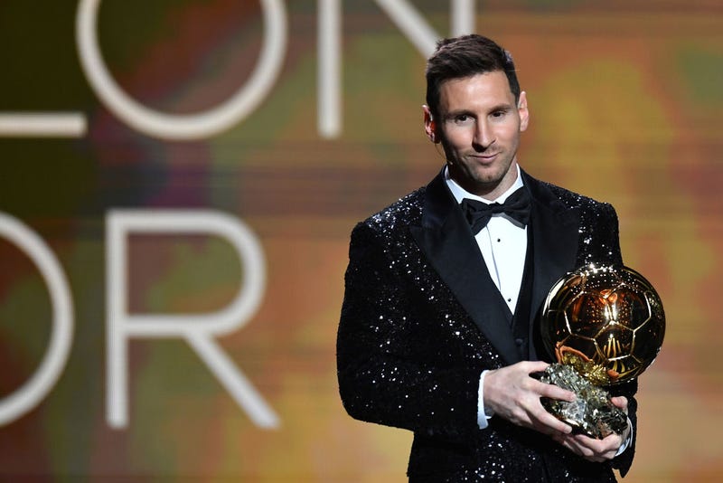 Lionel Messi is awarded with his seventh Ballon D'Or award during the Ballon D'Or Ceremony at Theatre du Chatelet on November 29, 2021 in Paris, France. 