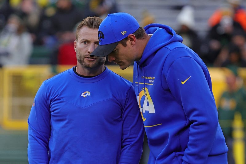 Head coach Sean McVay of the Los Angeles Rams speaks with offensive coordinator Kevin O'Connell in 2021 prior to O'Connell taking the Viking head coaching job. They'll face each other for the first time Thursday night.