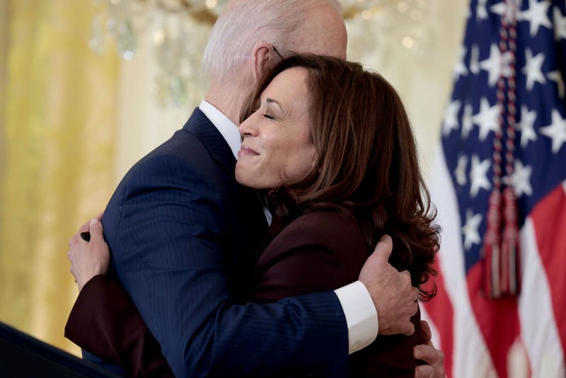 Kamala Harris embraces U.S. President Joe Biden before his remarks at a menorah lighting ceremony in celebration of Hanukkah in the East Room of the White House on December 01, 2021 in Washington, DC. The ceremony at the White House marked the first time Hanukkah is celebrated with a Jewish member of either the First or Second Family, Second Gentleman Doug Emhoff. (Photo by Anna Moneymaker/Getty Images)