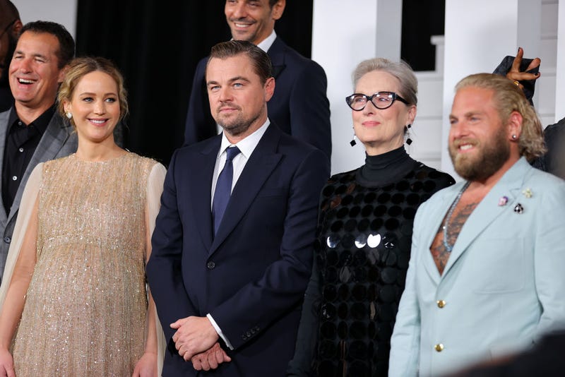 (L-R) Scott Stuber, Jennifer Lawrence, Leonardo DiCaprio, Meryl Streep and Jonah Hill attend the world premiere of Netflix's "Don't Look Up" on December 05, 2021 in New York City