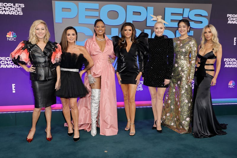(L-R) Sutton Stracke, Kyle Richards, Garcelle Beauvais, Lisa Rinna, Erika Jayne, Crystal Kung Minkoff, and Dorit Kemsley attend the 47th Annual People's Choice Awards at Barker Hangar on December 07, 2021 in Santa Monica, California.