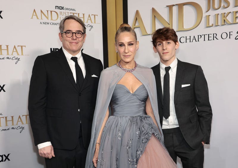 (L-R) Matthew Broderick, Sarah Jessica Parker and James Wilkie Broderick attend HBO Max's premiere of "And Just Like That" at Museum of Modern Art on December 08, 2021 in New York City.