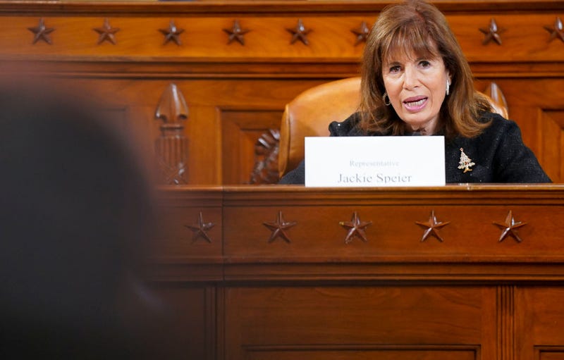 Representative Jackie Speier (D-CA) listens as caretakers and grandmothers participate in a democratic women's caucus roundtable to promote urgency for the Build Back Better Act to pass with provisions for care, climate, and immigration at Longworth House Office Building on December 09, 2021 in Washington, D.C.