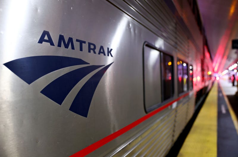An Amtrak train sits at a station stop in Union Station on December 9, 2021 in Los Angeles, California.