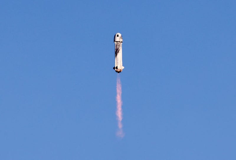 Blue Origin’s New Shepard flies toward space carrying Good Morning America co-anchor Michael Strahan, Laura Shepard Churchley, daughter of astronaut Alan Shepard, and four other civilians on December 11, 2021 near Van Horn, Texas.