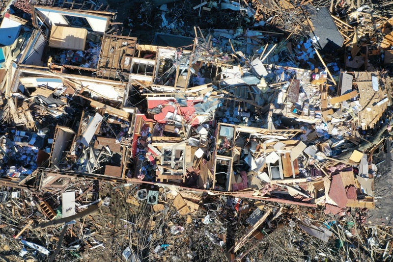 Salvage and cleanup continues after a tornado ripped through the area two days prior, on December 12, 2021 in Mayfield, Kentucky. Multiple tornadoes touched down in several Midwest states late evening December 10 causing widespread destruction and leaving more than 80 people dead.