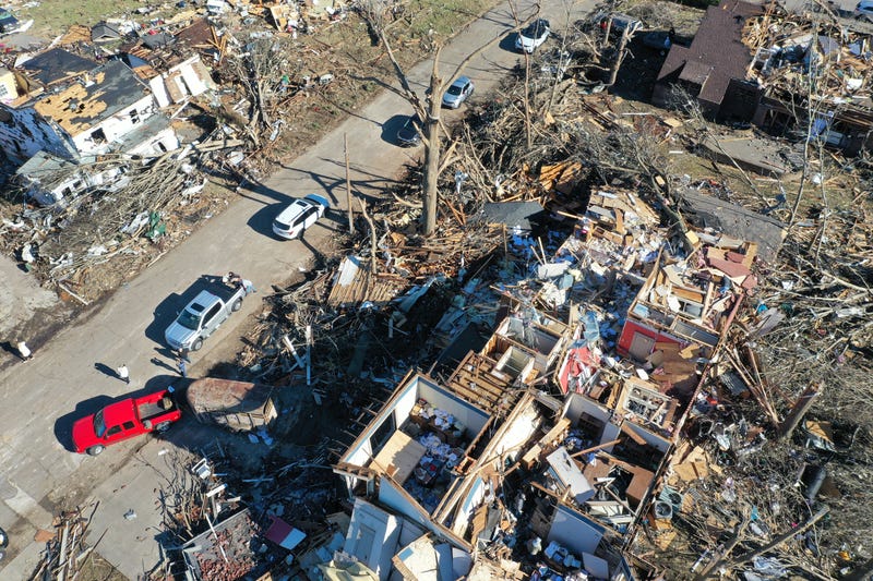 Aerial view of damage from tornadoes that ripped through Mayfield, Kentucky.