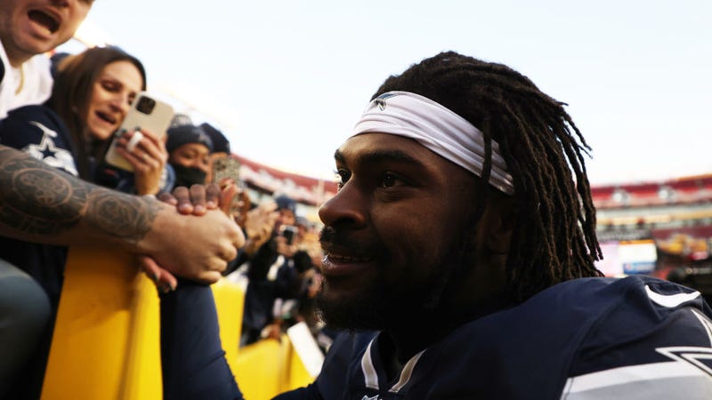 revon Diggs #7 of the Dallas Cowboys celebrates after defeating the Washington Football Team at FedExField on December 12, 2021 in Landover, Maryland.