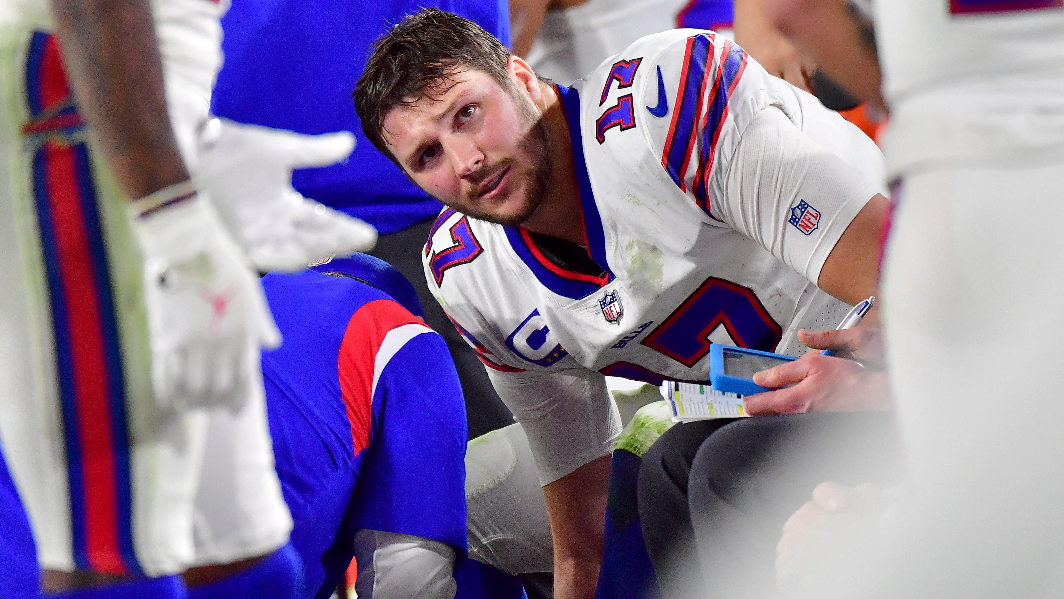 Josh Allen attends Hamilton apparently without walking boot