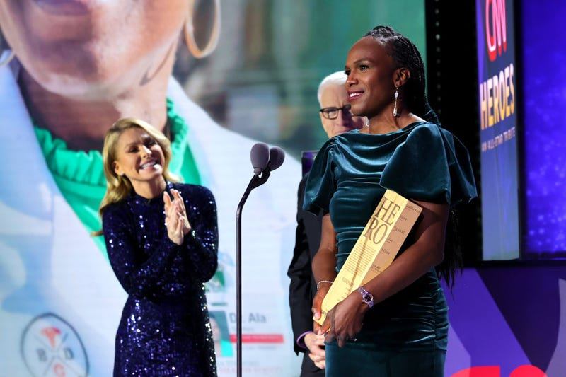 Kelly Ripa, Anderson Cooper and 2021 CNN Hero Dr. Ala Stanford speak onstage during the 15th annual CNN Heroes: All-Star Tribute at the American Museum of Natural History on Dec. 12, 2021, in New York City.