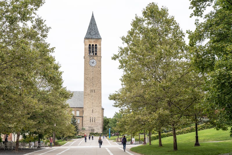 Students walk on main walkway leading up to McGraw Clock Tower, Cornell University.