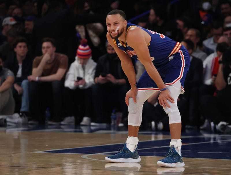 Stephen Curry #30 of the Golden State Warriors looks on after making a three point basket to break Ray Allen’s record for the most all-time against the New York Knicks during their game at Madison Square Garden on December 14, 2021 in New York City.