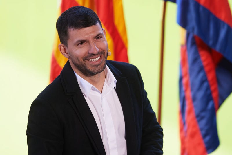 Sergio 'Kun' Aguero of FC Barcelona reacts during a press conference to announce his retirement from football at Camp Nou on December 15, 2021 in Barcelona, Spain.