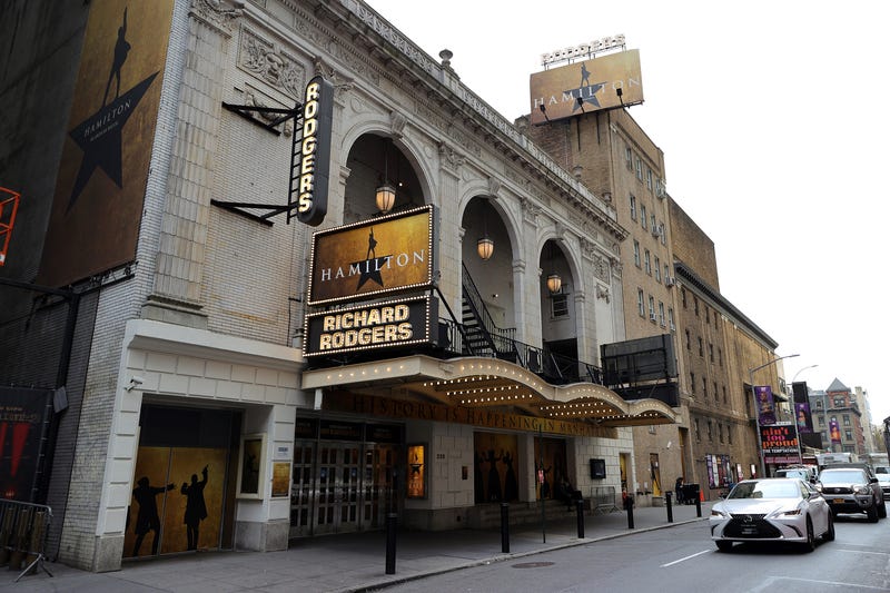 A view of "Hamilton" signage outside the Richard Rodgers Theatre on December 16, 2021 in New York City