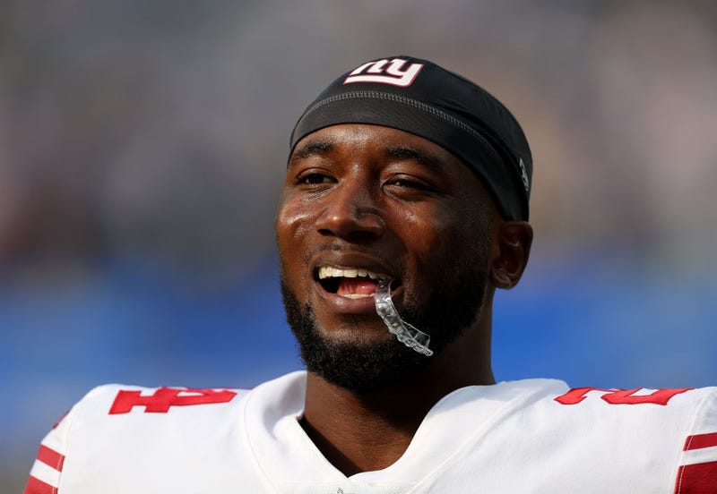 James Bradberry, #24 of the New York Giants, smiles during warm-ups before the game against the Los Angeles Chargers at SoFi Stadium on Dec. 12, 2021, in Inglewood, California.