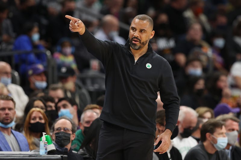 Ime Udoka directs his Celtics players from the sideline