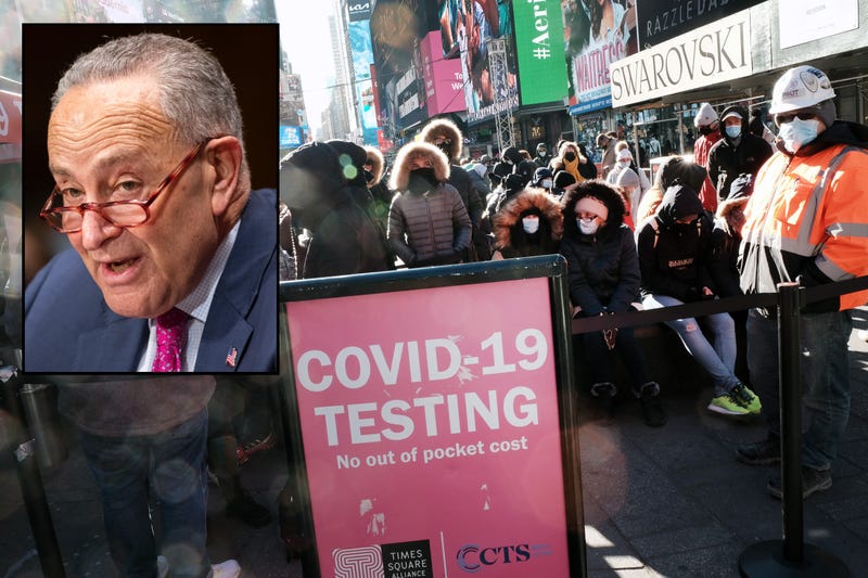 People wait in long lines in Times Square to get tested for COVID-19 on Dec. 20, 2021. Inset: Sen. Chuck Schumer