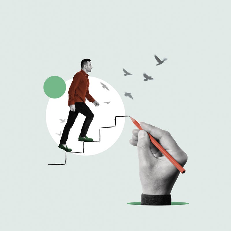 Man walking up stairs. Economic growth concept art. 