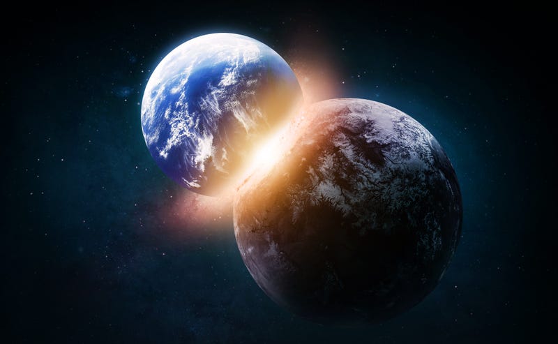 The Earth colliding with another planet concept. 