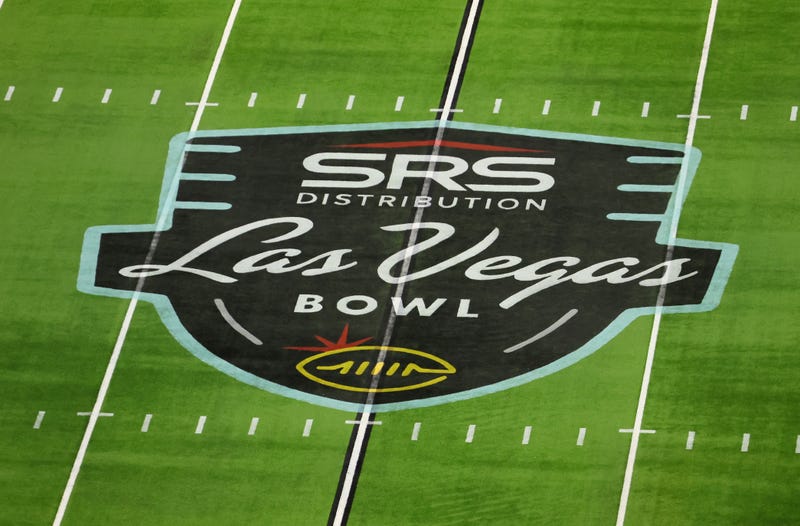 A logo for the SRS Distribution Las Vegas Bowl is shown on the 50-yard line before the game between the Arizona State Sun Devils and the Wisconsin Badgers at Allegiant Stadium on December 30, 2021