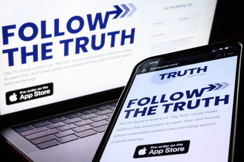 In this photo illustration, the holding screen for the "Truth Social" platform and app is seen on Jan. 04, 2022 in London, England. Donald Trump's social platform launch this week for iPhones only. There's now word on when it will be available on Android phones.