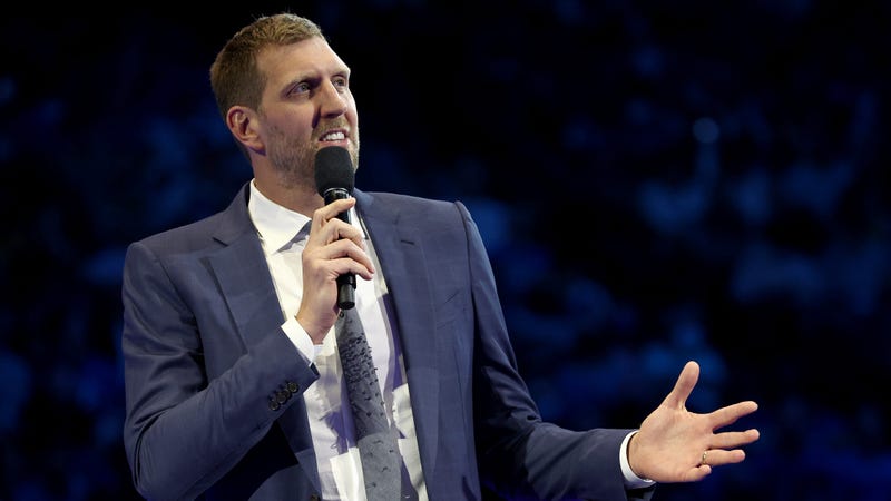 Former Dallas Mavericks player Dirk Nowitzki addresses fans during a ceremony honoring his career and retiring his No. 41 jersey at American Airlines Center on Jan. 5, 2022 in Dallas, Texas.