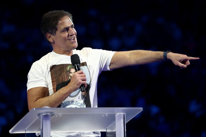 Team owner Mark Cuba participates in a ceremony honoring former player Dirk Nowitzki and retiring his No. 41 jersey at American Airlines Center on January 05, 2022 in Dallas, Texas.