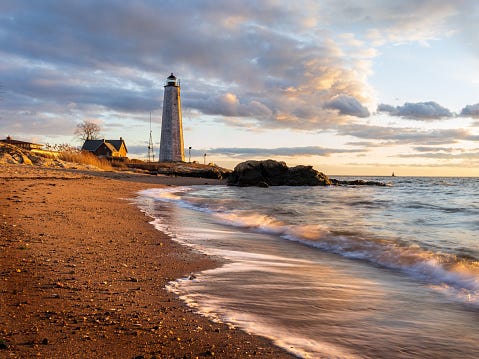 Golden hour in New Haven, CT, at Lighthouse Point Park.