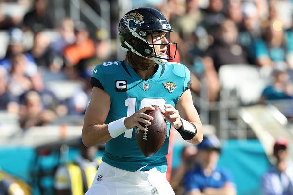 Trevor Lawrence models the Jaguars teal uniforms. 