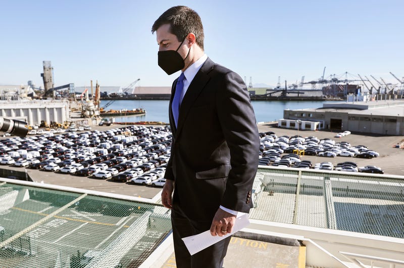 U.S. Transportation Secretary Pete Buttigieg arrives for a news conference after touring the ports of Los Angeles and Long Beach on January 11, 2022 in Long Beach, California. Buttigieg toured the ports to highlight the work of a Biden administration task force studying supply chain disruptions.