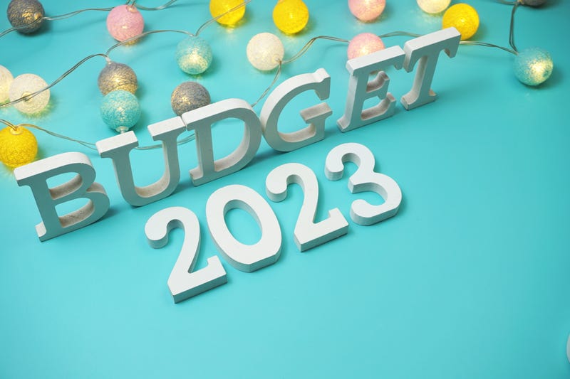 Budget 2023 alphabet letters with LED cotton balls decoration on blue background