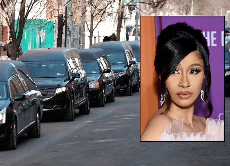 Hearses depart the Islamic Cultural Center following a mass funeral for 15 of the 17 victims of a fire in a Bronx apartment building on Jan. 16, 2022. Inset: Cardi B