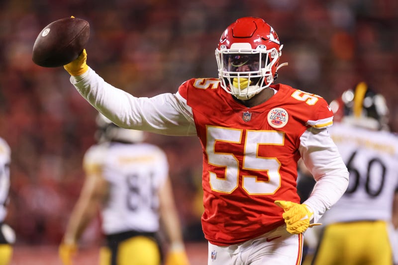 Frank Clark #55 of the Kansas City Chiefs reacts after recovering a fumble in the third quarter of the game against the Pittsburgh Steelers in the NFC Wild Card Playoff game at Arrowhead Stadium on January 16, 2022 in Kansas City, Missouri.