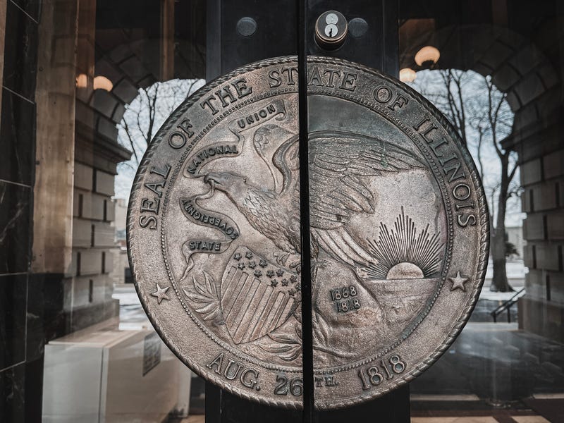 The state of Illinois Seal, seen on the doors to the north of entrance of the state capitol building.