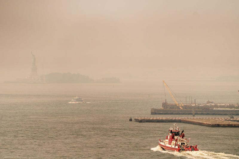 Smoke from wildfires in Canada shrouds the Statue of Liberty on June 30, 2023 in New York City. The eastern U.S. is once again experiencing air quality concerns as smoke from Canadian wildfires billows south with New York City's air quality index reaching 162 in many places. (Photo by David Dee Delgado/Getty Images)