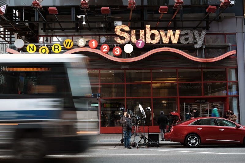A subway station stands in Times Square on January 19, 2022 in New York City.