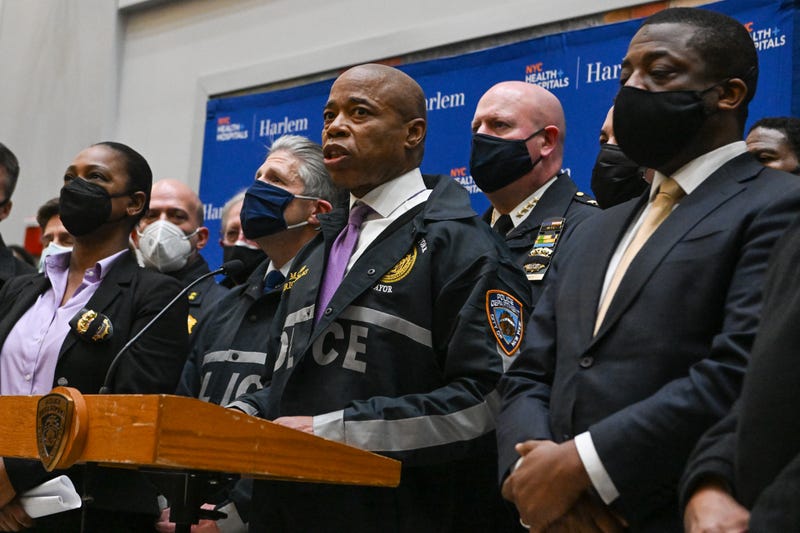 New York City Mayor Eric Adams speaks to members of the media at Harlem Hospital on January 21, 2022 in New York City.