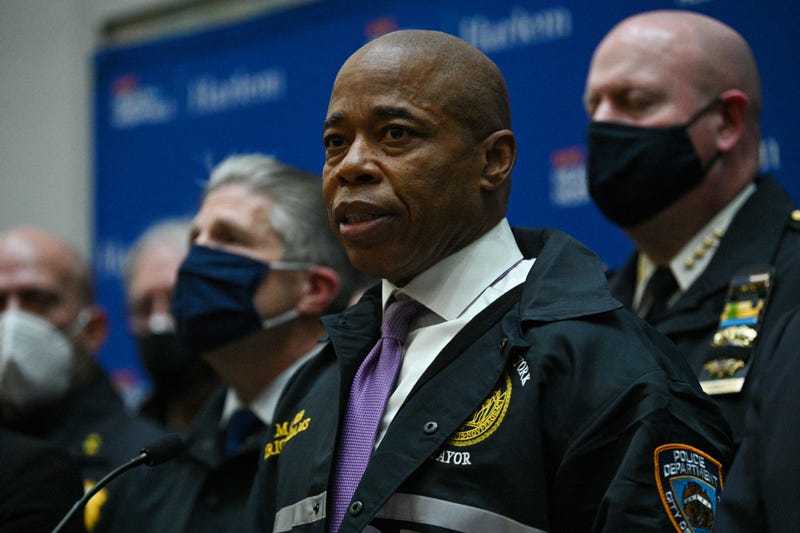 Mayor Eric Adams speaks to members of the media at Harlem Hospital on Jan. 21, 2022 after two NYPD officers were fatally shot