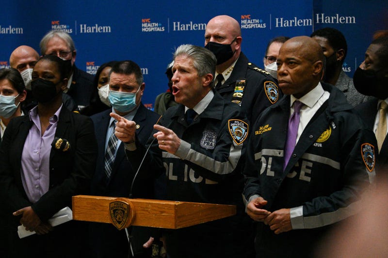  Patrick Lynch, President of the Police Benevolent Association of the City of New York, speaks to members of the media at Harlem Hospital on January 21, 2022 in New York City. 