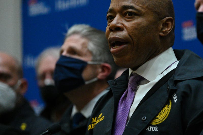 New York City Mayor Eric Adams speaks to members of the media at Harlem Hospital on January 21, 2022 in New York City. One officer was killed and the other remains in critical condition at Harlem Hospital. The officers were shot while responding to a domestic violence call near the 32nd precinct in Harlem. 