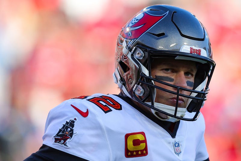 FILE - Tom Brady #12 of the Tampa Bay Buccaneers reacts in the second quarter of the game against the Los Angeles Rams in the NFC Divisional Playoff game at Raymond James Stadium on January 23, 2022 in Tampa, Florida.